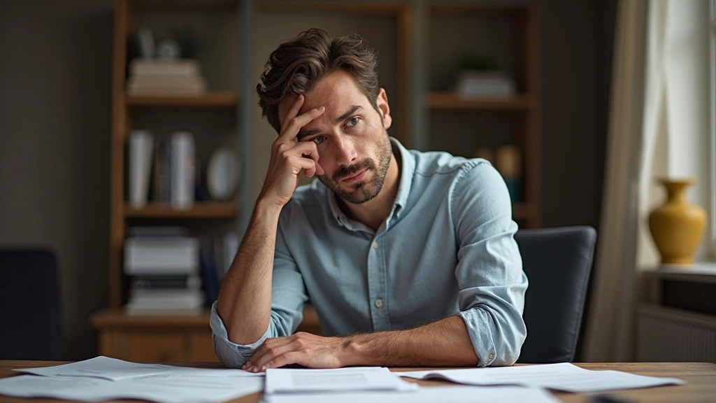 Iemand die gefrustreerd naar een chaos van papieren en notities kijkt