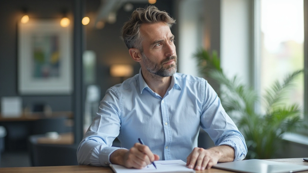 Professionele foto van een man die ontspannen in een kantoor zit met een notitieboekje, denkend over doelen