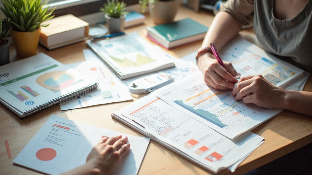 Bovenaanzicht van een bureau met meerdere notitieblokken, grafieken en voortgangstrackers netjes georganiseerd