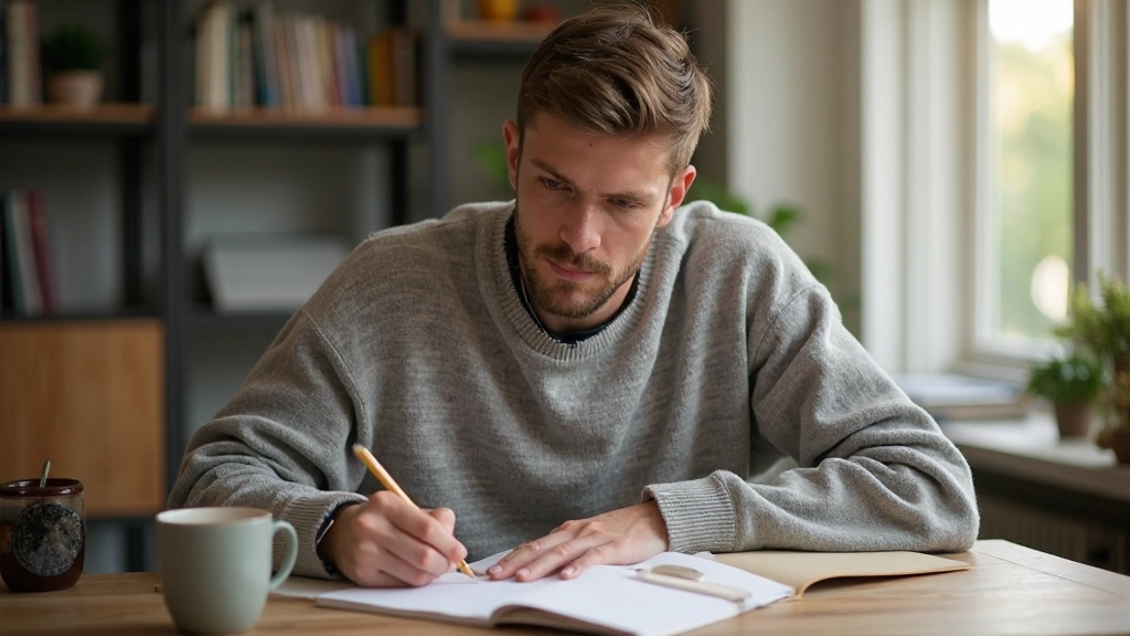 Iemand schrijft doelstellingen op in een notitieboekje met een pen, op een bureau met kopje koffie