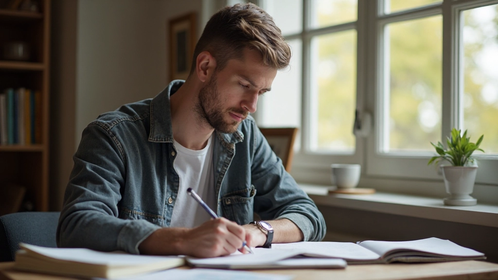 Persoon schrijft doelstellingen op in een werkboek met kopje thee op de achtergrond