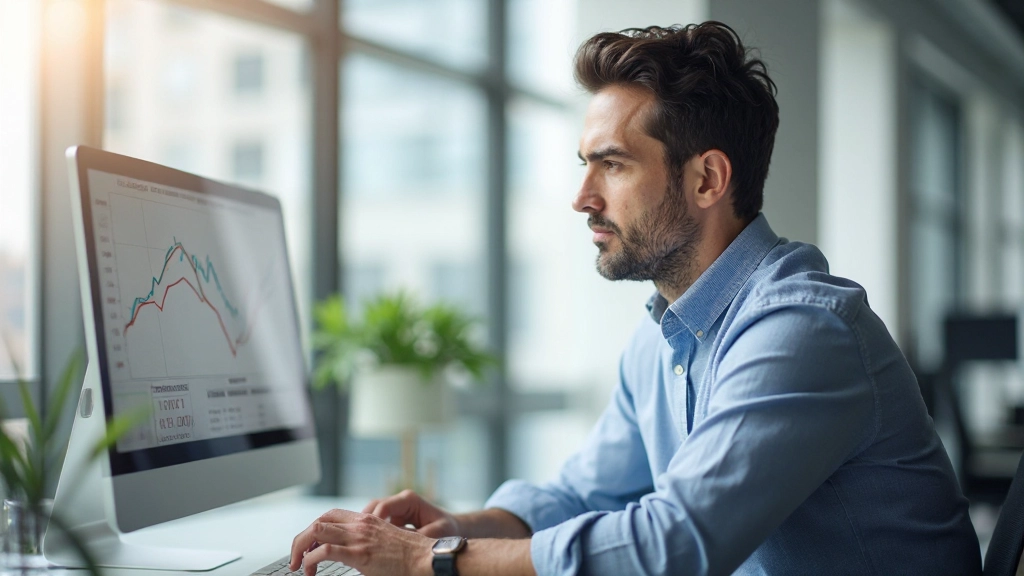 Een digitale voortgangsgrafiek op een scherm met groene pijlen omhoog wijzend