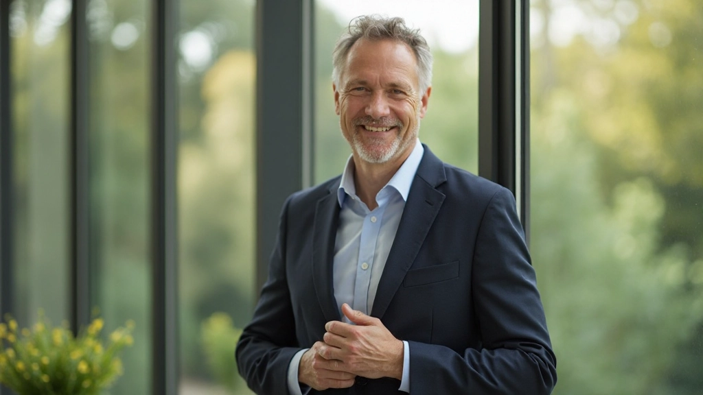 Een persoon met een geweldige houding staande voor een raam met uitkijkend op groen landschap