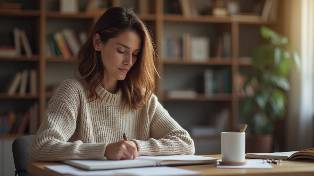 Een persoon schrijft doelstellingen en voortgang op in een werkboek op een bureau met koffie en geplande schema's