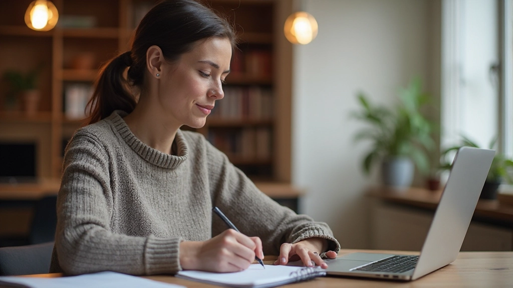 Iemand die aantekeningen maakt in een notitieboekje met een pen en laptop op de achtergrond